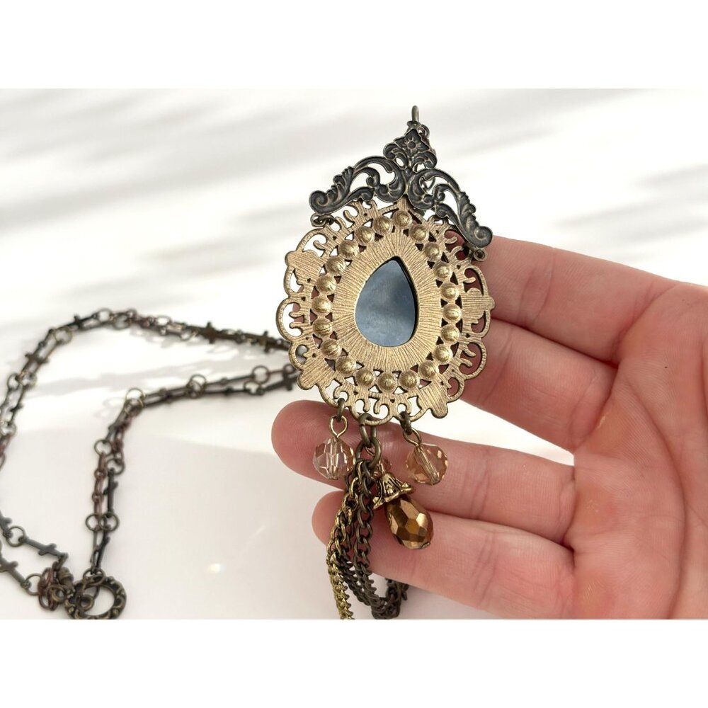 Victorian Inspired Teardrop Shaped Bronzed Faux Filigree Pendant Necklace - 18" - Picture 8 of 14